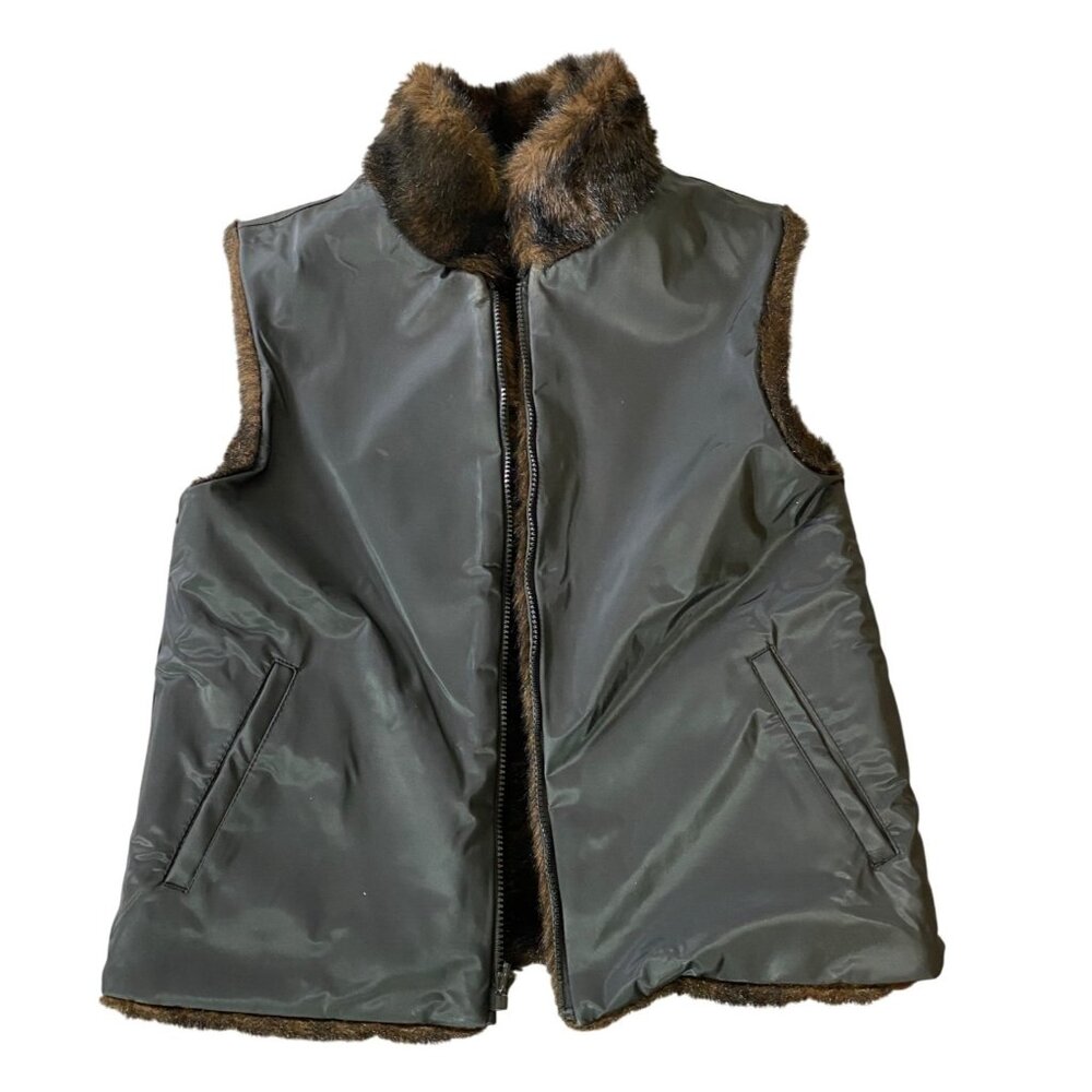 Giacca Reversible Faux Fur Vest Womens Brown & Black Large - Picture 3 of 12